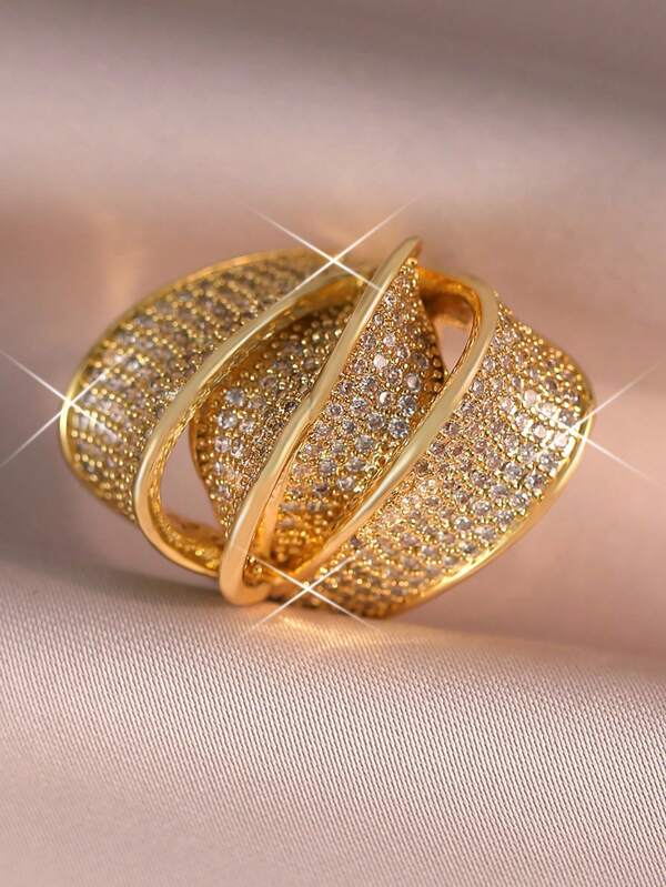 1 Pc Luxury Exaggeration Geometric Layered Sense Big Rings For Women Banquet, Prom, Party Valentine's Day Cubic Zirconia Couple Ring Copper Gift
