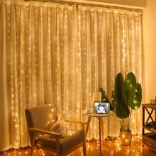 Luces de cortina de cadena LED, 8 modos, con control remoto y puerto USB, adecuado para bodas, Navidad, decoración del hogar y vacaciones - Amarillo - Ver 3