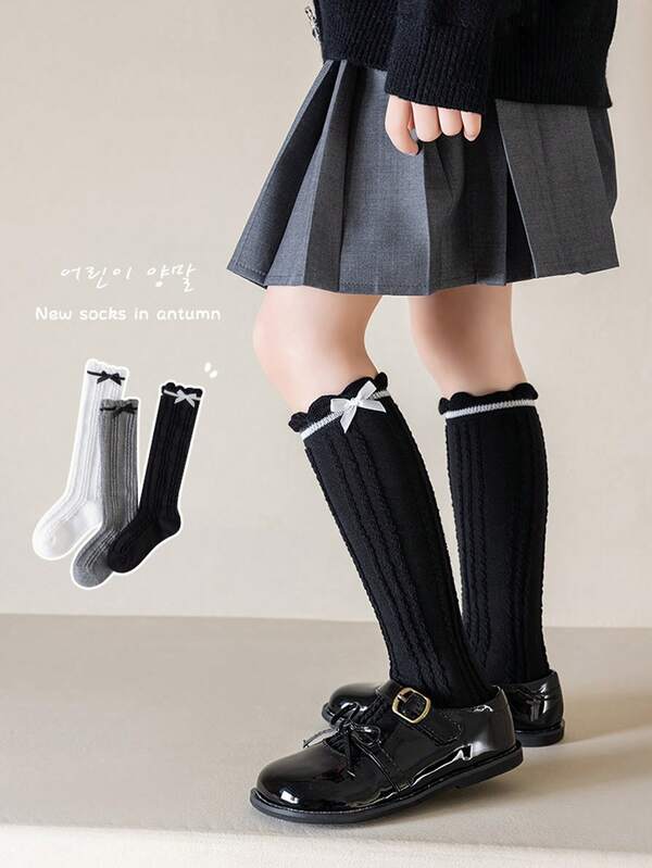 Calcetines para niños, calcetines medianos con decoración de lazo, calcetines florales de princesa lindos, adecuados para primavera, otoño e invierno