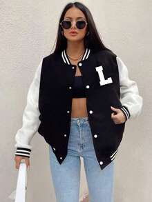 1pc Teen Girls' Patchwork Letter Thermal Lined Baseball Jacket Spring Autumn Winter - Black - View 1