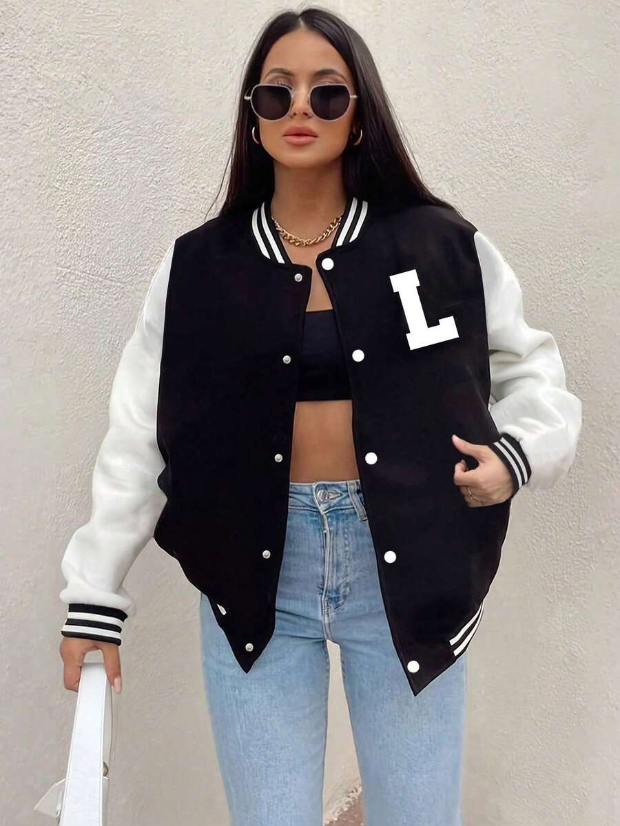 1pc Teen Girls' Patchwork Letter Thermal Lined Baseball Jacket Spring Autumn Winter - Black - View 1