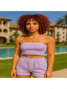 Conjunto Verão Lola – Cropped Tomara que Caia Ribana Com Bojo+ Shorts Feminino Cos Alto Elegante