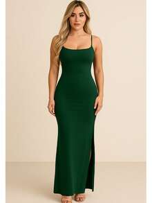 Women's Elegant Casual Long Dress In Ribbed Knit With Side Slits - màu xanh lá - Xem 7