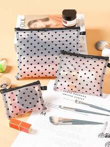 1 件/3 件爱心印花化妆包植绒透明储物袋、卡包、随身携带化妆包大容量化妆包便携式化妆品储物袋、零钱包盥洗袋、女士旅行便携储物袋、小包网眼化妆包贝壳包储物镂空盥洗袋、盥洗袋心形印花透明网眼化妆包旅行盥洗用品 - 粉色 - 查看 8