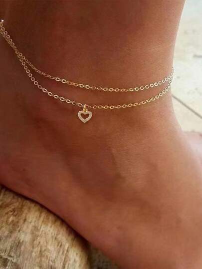 Tkool Bộ 2 chiếc/Bộ mặt dây chuyền hình trái tim và dây chuyền lắc chân hai lớp, Trang sức đeo chân hàng ngày cho nữ