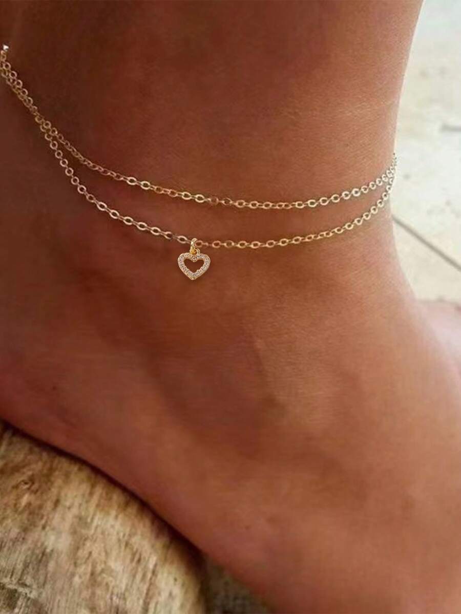 Tkool 2pcs/Set Chain & Heart Pendant Double Layer Anklet, Women Daily Wear Foot Jewelry - Yellow Gold - View 1