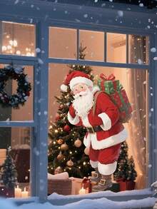 1 pièce Autocollant de fenêtre statique Père Noël, Décoration de Noël à fixation statique, avec motif Père Noël et cadeau, sans résidu, autocollant amovible pour porte et fenêtre de la maison, facile à appliquer, en matériau PVC, décoration de Noël, convient pour la décoration de Noël, les cadeaux de Noël, la décoration de la maison pour Noël, la décoration saisonnière, les fournitures pour fête de Noël, la décoration intérieure pour les fêtes, des fournitures de décoration de Noël parfaites