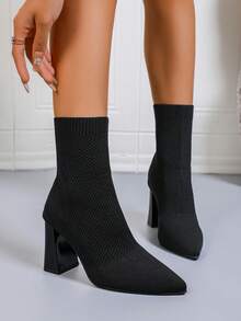Botas de tobillo de tacón grueso de punto para mujer de talla grande, con puntera puntiaguda y ajuste elástico delgado, para primavera/otoño - Negro - Ver 7