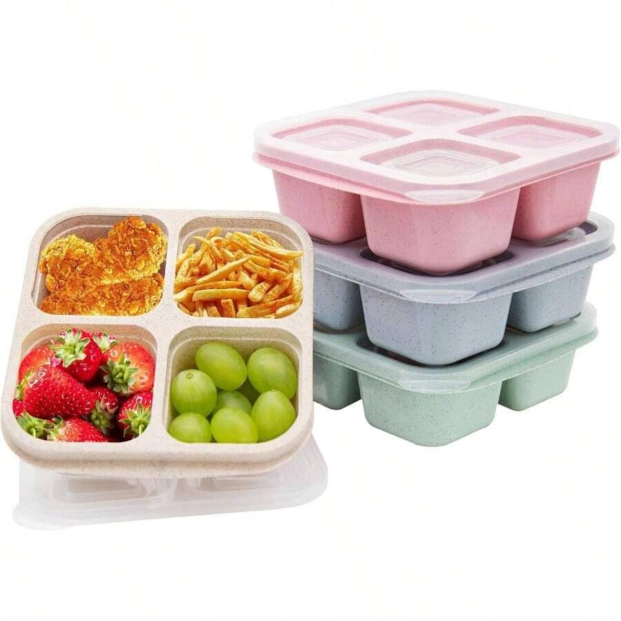 5 Paquete de Bento Caja de Almuerzo, 4 Compartimentos Contenedores de Aperitivos, Caja de Aperitivos Dividida, Contenedores de Almuerzo para Preparación de Comidas para Niños Pequeños y Adultos, Recipientes de Almacenamiento de Alimentos para la Escuela, el Trabajo y los Viajes - Paquete de 4 multicolor - Ver 1