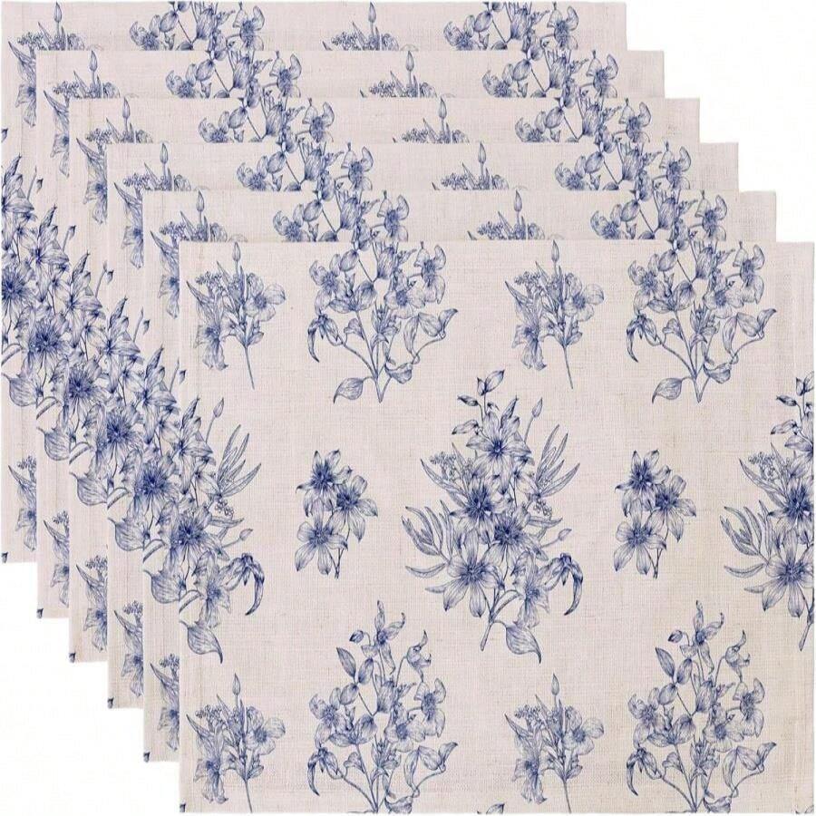 LilyCat Linen Fabric Blue Floral Placemats, Waterproof Durable Boho Dining Table Mats For Kitchen, Rustic Vintage Washable Place Mats Set Of 6, 18''* 12''