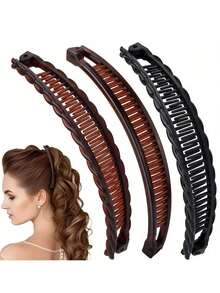 3/2/1pc Women's Large Banana Hair Clips - Vintage Non-Slip Double Comb Claw Clips For Thick, Long, Curly Hair, Secure Hold & Gentle Detangling, Coffee & Black, Christmas Gift, Banana Clips For Hair, Decorative Hairpiece, Retro Style, Sturdy Construction, Holiday Gift ,Hair Styling Tools ,Hair Styling Kit