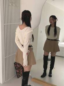 女式休闲不对称做旧针织毛衣，复古风格，长袖，百搭修身，秋冬 - 杏色 - 查看 6