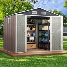 TABU 8 X 6 FT Outdoor Storage Shed With Double Hinged Large Door,Utility Garden Shed With Lockable Door & Rain Gutter Roof, Metal Outdoor Storage Shed For Garden, Backyard, Patio And Backyard, Brown