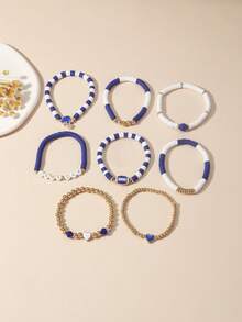 8pcs/Set Football Themed Bracelets, Stackable Elastic Sports Bracelets, Suitable Accessories For Football Fans