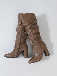 Timesize Brown Over-The-Knee Boots, Denim Boots, Platform Boots, Women's Wedding Shoes, Winter Boots, Women's Boots, Chunky Heel Boots, Super High Heel Tall Boots, Random Wrinkle Pattern - Brown - View 7