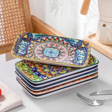 vancasso 6 Pieces Plate Set, Multicolour Set, Polychrome, Porcelain Dinnerware, Rectangular Dish For 6 Person, Ceramic Stamping In Bohemian Style, 8.5in - Nhiều màu - Xem 5