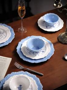 1 件原创蓝白浮雕纹理陶瓷餐具套装，创意厨房餐具，汤碗，面碗，独特设计盘子，牛排盘，沙拉盘，厨房用品，餐厅盘子 - 彩色 - 查看 7