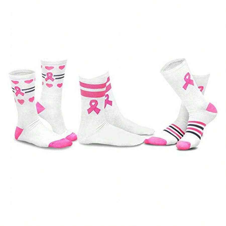 Breast Cancer Awareness Socks Women - TeeHee 3 Pair Pack - Pink Ribbon Crew Socks - Soft Cotton- Support A Cause - Gift Idea - 如圖692 - 查看 1