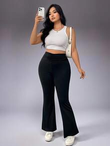 Pantalones de entrenamiento de talla grande para mujer con cintura alta, unicolor y volantes acuchillados - Negro - Ver 7