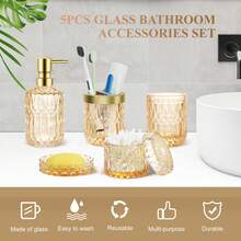 Gold Bathroom Accessories Set, 5 Pcs Glass Bathroom Accessories With Lotion Soap Dispenser, Soap Dish, Toothbrush Holder, Tumbler, Cotton Swab Jars, Perfect For Bathroom Theme Gift Bathroom Organizer Storage Back To School - 金色 - 查看 8