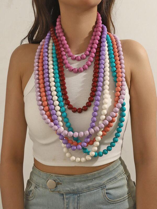 1 pieza Collar largo de cuentas geométricas de plástico de estilo bohemio, hecho a mano para mujeres, se puede usar en doble capa, adecuado para verano, playa, vacaciones y uso diario