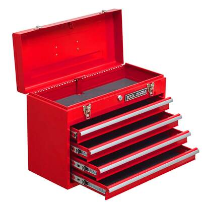 20.3-Inch Metal Tool Box With Drawers, Portable Steel Metal Tool Box With Protective Lining And Metal Latch And Lock For Garage, Home, And Storage (Red-4 Drawers)