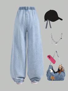 1 件女童休闲简约浅蓝色牛仔布，舒适日常穿着，春秋季 - 淺色水洗藍 - 查看 2