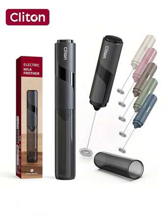 CLITON 1 pieza, Espumador de leche de mano, batidor eléctrico de bebidas a pilas con varillas de acero inoxidable para café, latte, cappuccino, chocolate caliente, proteína, huevo, incluye pilas, color negro