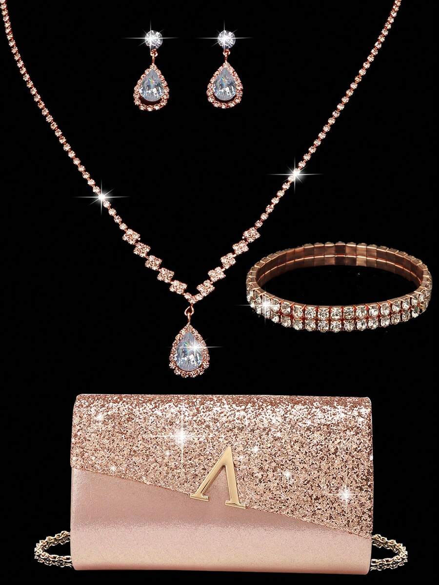 女士钻石首饰 闪耀奢华水钻首饰套装 闪耀项链 耳环 手链套装 闪光皱纹手提宴会包 V 型翻盖信封包 手提包 宴会包 钱包手提包 优雅手提宴会包 手提包 女士舞会手提包 女士新娘宴会包 舞会手提包 金属链条手提包 婚礼派对手提包 酒会婚礼 新款钱包宴会包 - 香檳色 - 查看 1