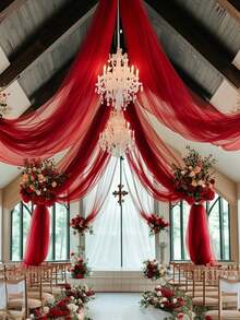 قطعة واحدة من قماش شفاف أحمر للتنسيق، ستائر سقف من الشيفون، ديكور مراسم الزفاف الرومانسية، ستارة من الغاز متعددة الاستخدامات، ديكور حفلات الزفاف في الهواء الطلق، ديكور حفلات استحمام العروس، ديكور استقبال الزفاف، ديكور حفلات أعياد الميلاد، خيوط خلفية لقوس الزفاف، ديكور خلفية الحفلات