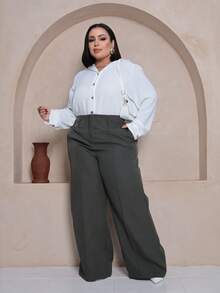 Plus Size Wide Leg Pants, New Fashion Tailored Fabric - Army Green - View 1