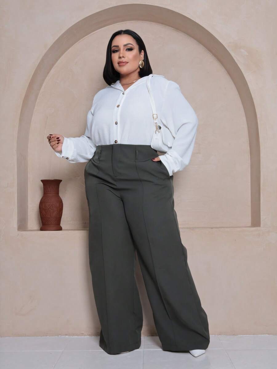 Plus Size Wide Leg Pants, New Fashion Tailored Fabric - Army Green - View 1