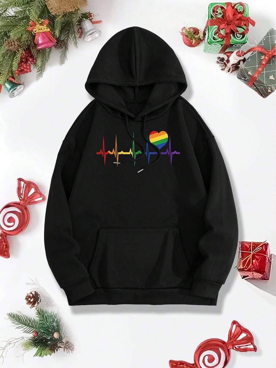 Unisex LGBTQ Pride Rainbow Heart Hoodie Soft Pink Casual Pullover With Front Pocket Machine Washable AutumnWinter Wear Ally Support Gift For Pride Month Christmas Birthdays Animethemed Design Durable Fabric Men Size S-3XL - 黑色 - 查看 1