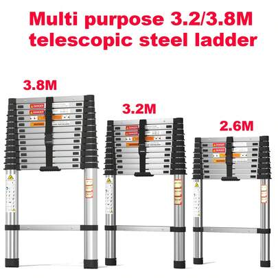  Rigogo 2.6m - 3.8m Portable Steel Telescopic Ladder, Multi-Purpose Folding Telescopic Ladder, Height-Adjustable, Load Capacity 150kg, Suitable For Garage And Warehouse DIY, Elevated Work, And Outdoor  MF-3.8M-GT-UK
