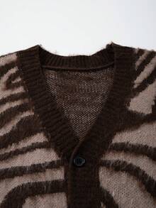 Casual Loose V-Neck Button-Up Cardigan, Zebra Print, Streetwear Style Unisex Top, Spring/Autumn/Winter - Brown - View 4