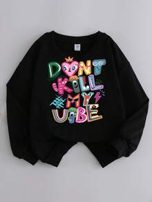 Tween Girl Cute Slogan Print Sweatshirt Crewneck Sweatshirt For Girl Casual Comfy Fall And Winter Fashion Outfits Cute Clothes - Black - View 2
