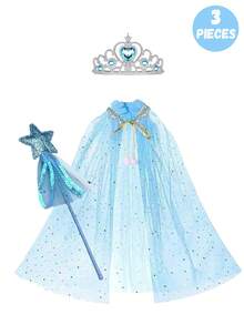 3 Peças Conjunto de Fantasia de Princesa, Varinha Mágica e Capa, Adequado para Meninas Pequenas se Fantasiarem, Jogos de Fantasia, Acessórios para Festas de Interpretação de Papéis em Feriados, É uma Escolha Ideal para Dar de Presente a Meninas