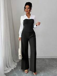 Women's Thin Striped Patchwork Elegant Casual 2-Piece Set, Long Sleeve Top And Pants, Suitable For Office And Home, Spring/Summer/Autumn