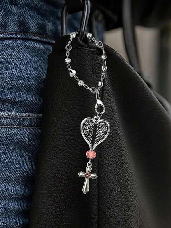 Amuleto de la suerte del ángel de la guarda: Llavero con colgante en forma de corazón con alas, corazón con diamantes incrustados y cruz de tono plateado con strass - Accesorio unisex para bolso, mochila/llavero de coche y accesorio, regalo perfecto para amigos