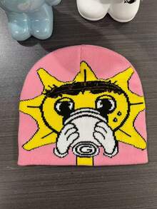 1 pieza Gorro de punto de jacquard de hilo bicolor con estilo callejero y de dibujos animados, atuendo cálido y de moda para otoño