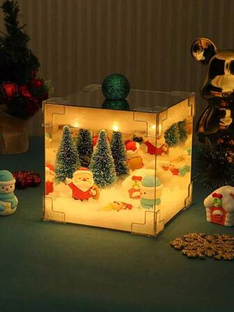 1个圣诞雪花立方体灯，手工DIY创意迷你夜灯，3D圣诞灯，带圣诞老人、圣诞树和雪人，派对氛围装饰，优雅桌面摆件，圣诞礼物，节日派对装饰，客厅家居装饰，婚礼装饰，情人节礼物