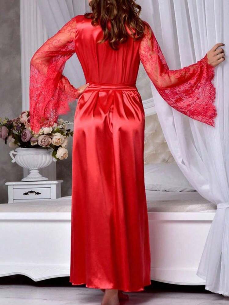 1 Peça - Robe Sexy Vestível, Roupão, Roupa de Dormir, Camisola Longa de Cetim e Renda de Manga Longa para Mulheres, Presente de Natal/Dia dos Namorados (Estilos Enviados Aleatoriamente), Essencial para Férias, Outono, Ação de Graças, Natal, Carnaval, Dia Nacional, Dia da Independência (Estilos Enviados Aleatoriamente) - Vermelho - Visão 8