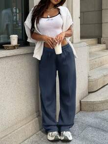 Sulojter Casual Loose Solid Color Elastic Waist Sweatpants - Dusty Blue - View 2