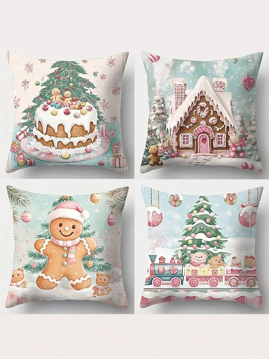4 piezas, el tema navideño incorpora de manera ingeniosa elementos navideños, como árboles de Navidad, casas de pan de jengibre, etc. Decoración del hogar festiva, diseños alegres, estampados festivos, material de fácil cuidado, fundas duraderas, cojines festivos, cojines decorativos, para compradores de regalos, entusiastas de la Navidad
