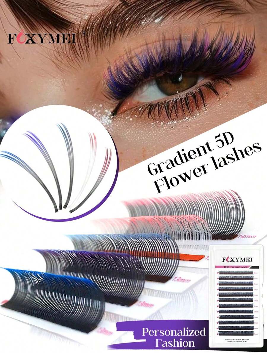 FOXYMEI 12 pares de pestañas postizas de color degradado 5D, rizado C/D, pestañas de flor de color degradado mixtas, de 8-15 mm con forma de abanico esponjoso y grueso, ligeras y fluidas, pestañas individuales de 0.07 mm, fáciles de aplicar, crean un ambiente festivo
