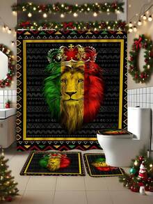 4 pièces Ensemble de salle de bain avec imprimé géométrique couronne et lion, rideau de douche imperméable avec crochets, tapis en U, housse de siège de toilette, tapis en L, accessoires de salle de bain, décoration de salle de bain, décoration de Noël