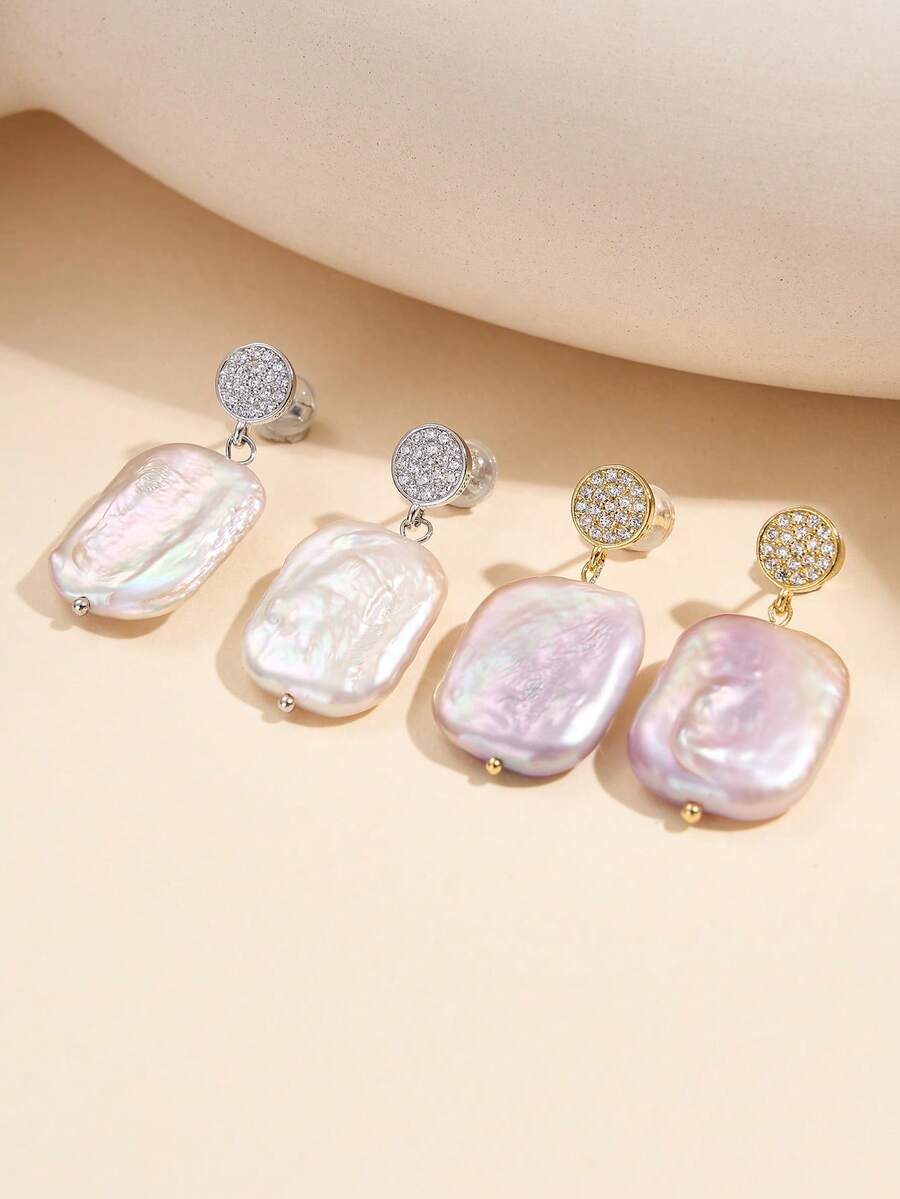 AETOLIA 925 Sterling Silver Baroque Pearl Earrings With Crystal Rhinestones, 14x20mm Rectangular Pearl Drop, Luxury Wedding Party Earrings For Women, Elegant Statement Dangling Ear Jewelry