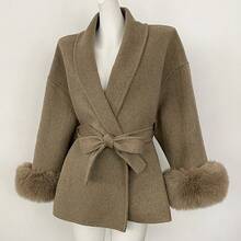 OFTBUY Solid Color Wool & Faux Fur Patchwork Belted Loose Fit Casual Jacket, Suitable For Daily, Airport, Holiday, Travel In Autumn/Winter