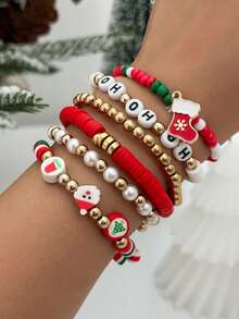 Juego de 6/7 piezas de pulsera de arcilla polimérica multicapa con elementos navideños coloridos y cuentas con letras, pulsera personalizada con colgante creativo de árbol de Navidad, muñeco de nieve y ciervo, pulsera elástica con diseño de Papá Noel y gorro/zapato de Papá Noel, adecuado para uso diario, citas, fiestas y regalos festivos para mujeres