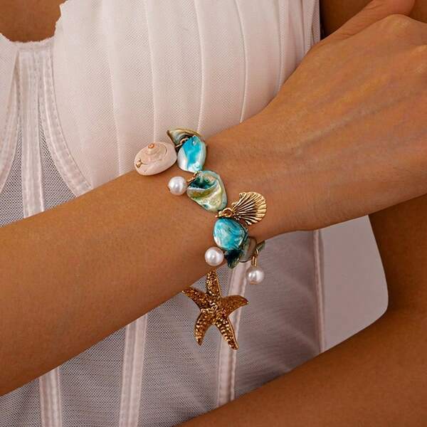 1 Pc Bohemian Style Shell, Starfish Beaded Bracelet For Women, Holiday, Birthday, Date, Party, Vacation, Casual Wear